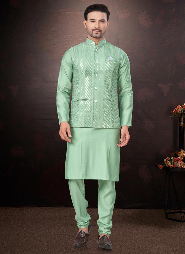 Pure Silk Teal Green Traditional Wear Mirror Work Readymade Modi Jacket Kurta Pajama